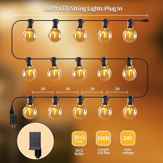 100ft String Lights with Remote, 50+2 LED Bulbs Dimmable Patio Lights Outdoor, 24V Waterproof Plug, G40 Hanging Light for Outside Deck Garden Backyard Porch Party Decor