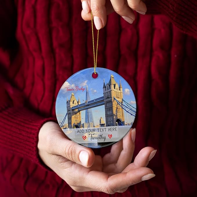 Personalized London Tower Bridge Ceramic Ornament Christmas 2025, United Kingdom London Tower Bridge Travel Xmas Tree Hanging Ornament, Custom Text/Name UK England Vacation Ornaments Keepsake Gifts