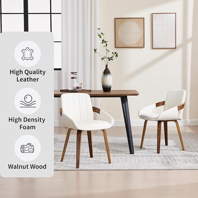 Dining Chairs Set of 2, Mid Century Modern Dining Room Chairs with Arms and Mid Back PU Leather Upholstered Bentwood Kitchen Chairs for Home Restaurant Office - Beige
