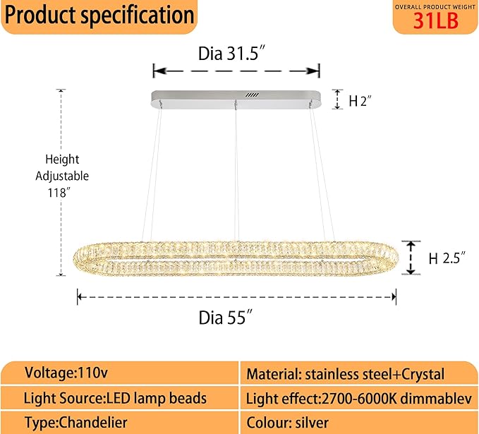 Oval Crystal Chandelier, 55'' Chrome Crystal Ring Pendant Light for Kitchen Island Modern Linear Oval Chandeliers for Dining Room Dimmable 3000K-6000K
