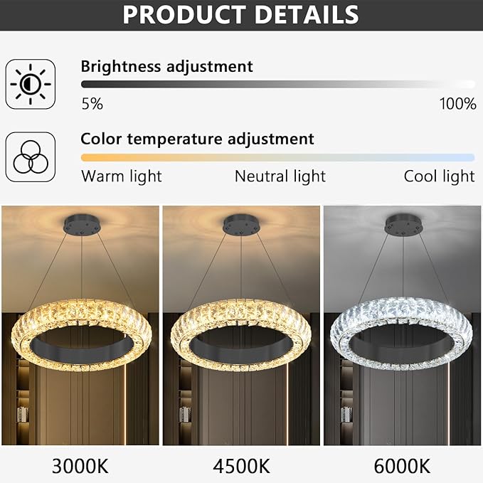 16" Ring Modern LED Dimmable Crystal Chandelier Adjustable Height Pendant Light Round Crystal Chandelier Light Fixtures for Dining Room Living Room Kitchen Island Black