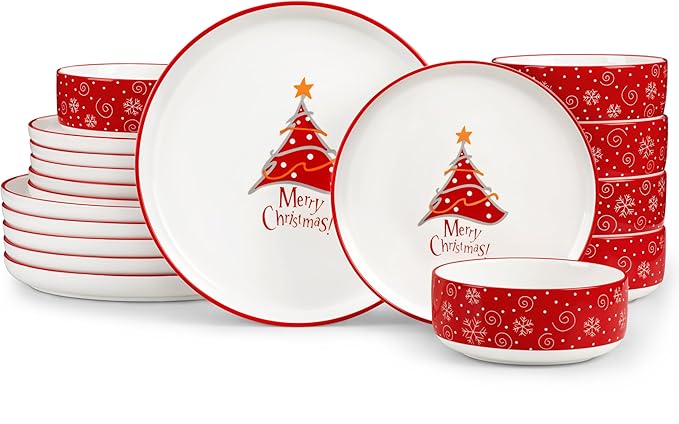 MALACASA Plates and Bowls Sets, 18 Pieces Christmas Porcelain Dinnerware Set for 6, Ceramic Dishware Dishes Kitchen Dining Ware Set, Microwave and Dishwasher Safe, Series LUNA-Christmas Tree