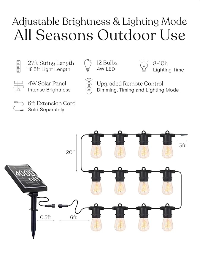 Brightech Ambience Pro Super Bright Solar Outdoor String Lights: Security, Visibility & Ambience - Heavy Duty Waterproof Patio Lights - Edison Spiral Shatterproof Bulbs - 4W Soft White Remote Control