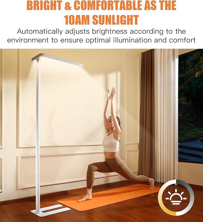 Pure Light Floor Lamp - Motion Sensor, 100W Full-Spectrum Standing Lamp for Bedroom, Living Room & Office - 60000+h Lifetime, 9500LM, 4000K, White Floor Lamp