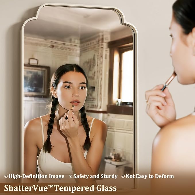 30" x 48" Silver Arch Bathroom Mirror, Wall Mounted Vanity Mirror with Metal Frame, Modern Decorative Scalloped Wall Mirror for Sink, Bedroom, Living Room, Entry, Farmhouse Home