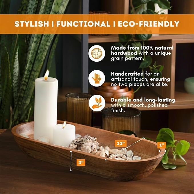 Luxe Designs Wooden Dough Bowl - Natural Acacia Wood - Handmade Decorative Bowls for Home Decor, Bathroom, Kitchen Counter, & More - Rustic Large Wood Dough Bowl for Decor, Cosmetics, and Keys