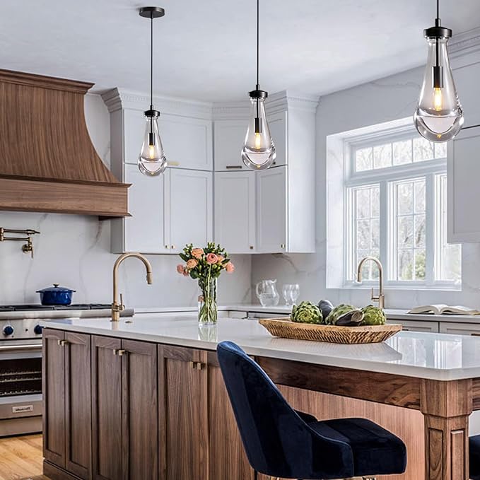 Modern Raindrop Pendant Lights, Pendant Lights for Kitchen Island, Black Brass Base Dining Room Light Fixtures, Interior Chandelier in The Living Room Hallway, Including Bulb