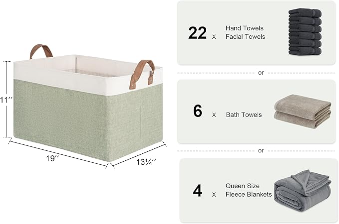 StorageWorks Storage Bins, Fabric Storage Bins for Shelves, Extra Large Storage Baskets with Metal Frame, Closet Baskets and Bins with Handles, Jumbo, Green and White, 2-Pack