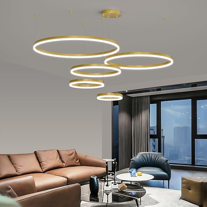 LED Pendant Light for Kitchen Island, 5-Ring Gold Modern Chandelier, Dimmable 3000K-6500K, Adjustable Height, Remote Control, Hanging Ceiling Lighting Fixture for Dining Room, Living Room Lamp