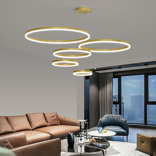 LED Pendant Light for Kitchen Island, 5-Ring Gold Modern Chandelier, Dimmable 3000K-6500K, Adjustable Height, Remote Control, Hanging Ceiling Lighting Fixture for Dining Room, Living Room Lamp