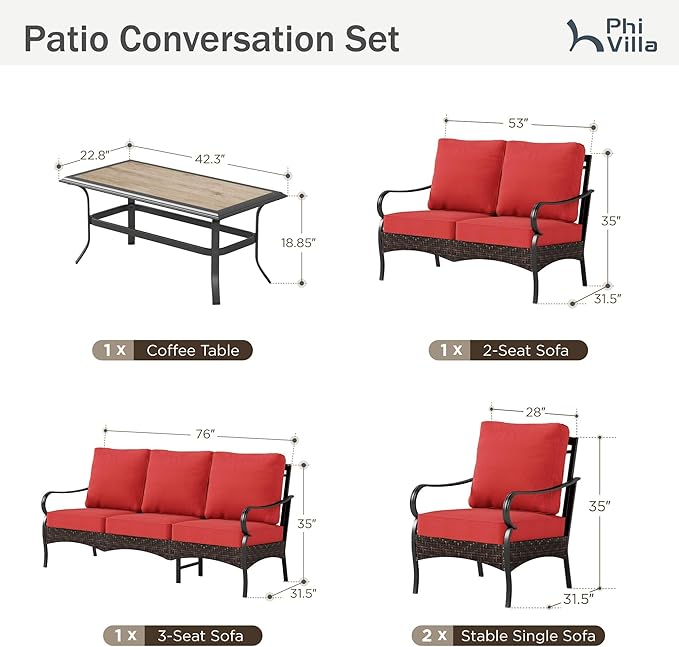 PHI VILLA Outdoor Modern Patio Furniture Set, Upgraded Wicker&Metal Patio Furniture Conversation Set with Waterproof Thick Cushions for Porch, Poolside, Deck, and Yard (5 Pieces,Red)