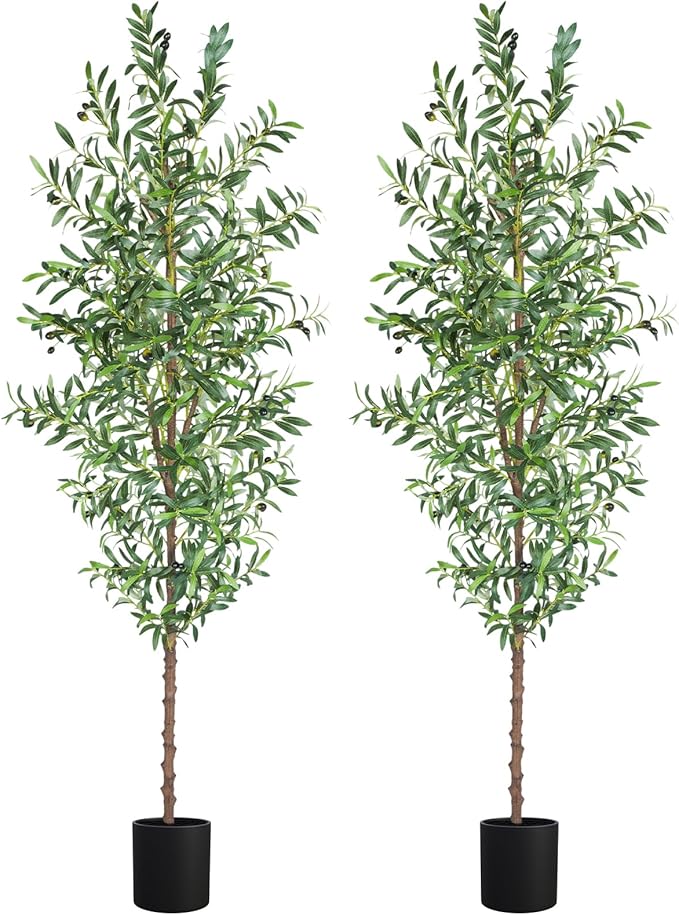 7FT Artificial Olive Tree, Tall Faux Olive Trees 84in Outdoor Fake Potted Silk Plant with Trunk and Realistic 1048 Leaves and 40 Fruits for Modern Office Home Decor Indoor 2Pack