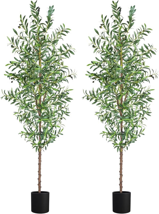 7FT Artificial Olive Tree, Tall Faux Olive Trees 84in Outdoor Fake Potted Silk Plant with Trunk and Realistic 1048 Leaves and 40 Fruits for Modern Office Home Decor Indoor 2Pack