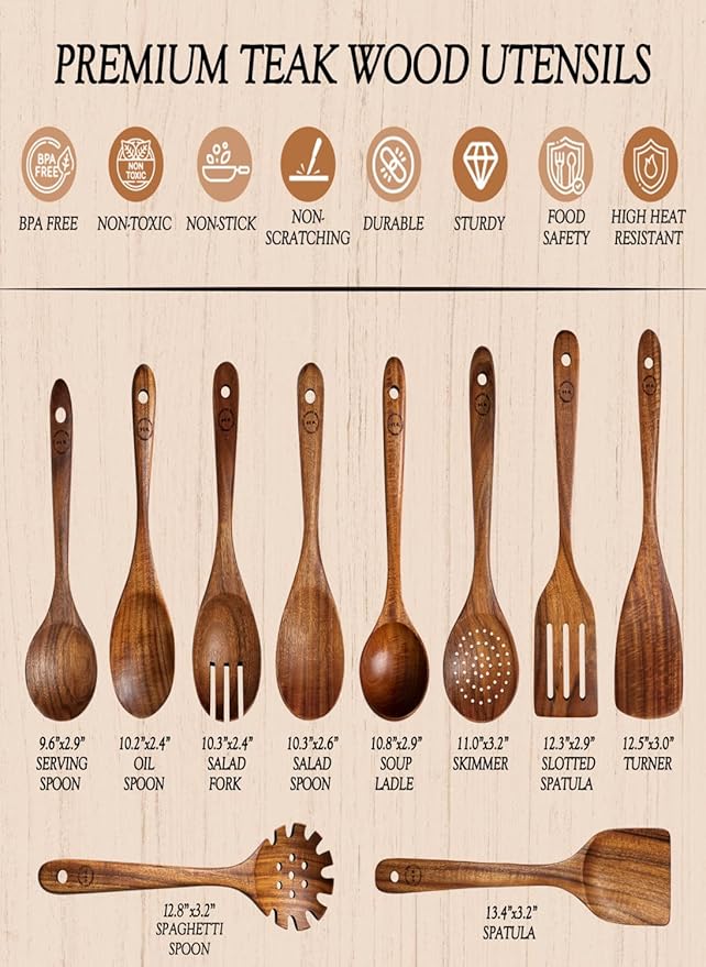 100% Natural Teak Wood Wooden Utensil Set – Non-Stick & Heat Resistant – 10 Pcs Durable Kitchen Spoons for Cooking, Eco-Friendly & Comfortable Grip