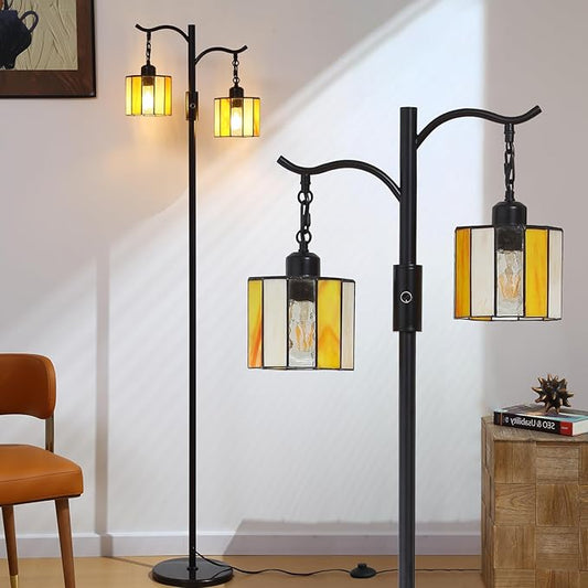 Vintage Dimmable Floor Lamp, Tiffany Standing Lamp with 2 Stained Glass Shades, Rustic Farmhouse Floor Lamp with Black Finish for Living Room Bedroom