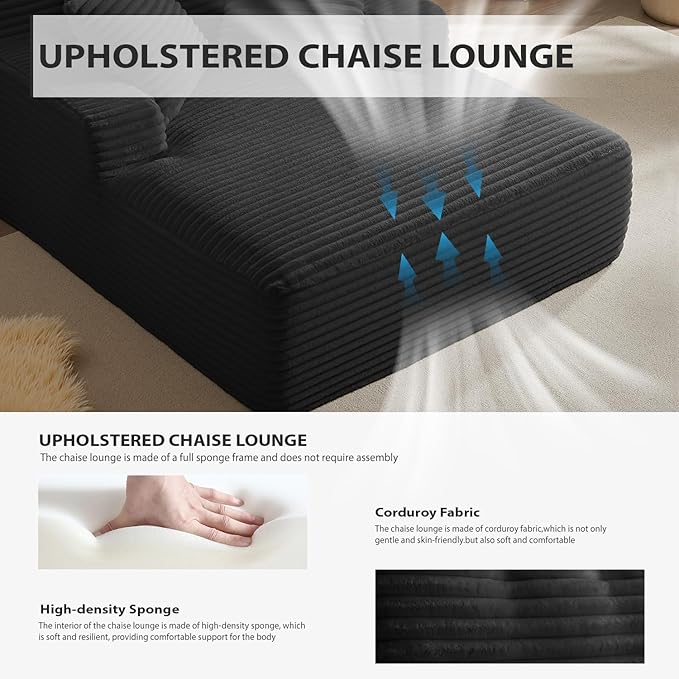 Oversized Chaise Lounge Chair Indoor, Boneless Reading Sleeper Chair Upholstered Corduroy Sofa Bed with Throw Pillows, Cozy Cloud Couch for Living Room, Bedroom, Apartment, Black