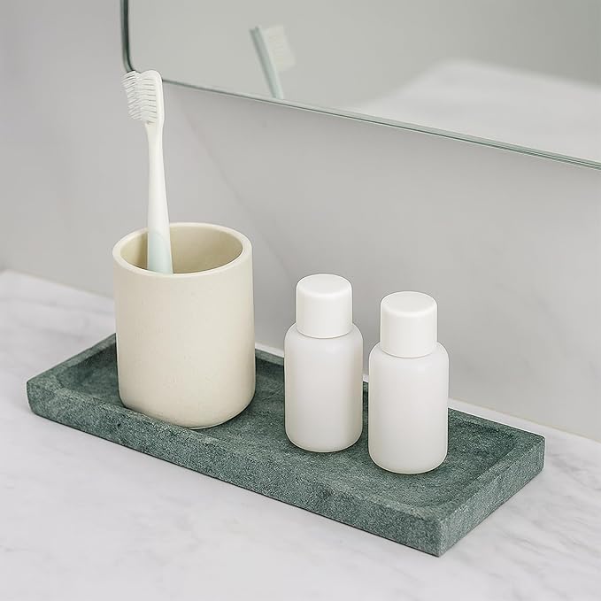 Green Marble Tray for Bathroom Countertop - Rectangular Natural Stone Organizer with Sandblasted Finish, Catchall Vanity Tray for Dresser, Entryway, Makeup & Jewelry | 10.6"x3.5"