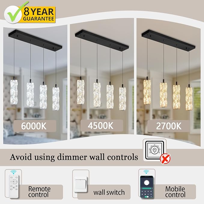 Dining Room Light Fixture 4-Light Black Kitchen Island Lighting Industrial Linear Chandeliers for Dining Room Pendant Light Fixture for Living Room Hallway Bedroom 2700K-6000K