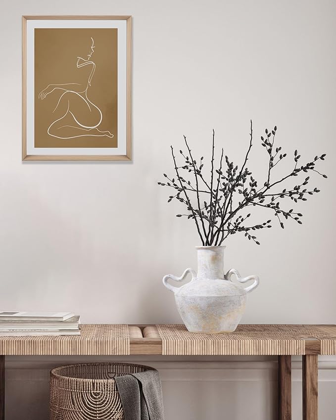 UPWOIGH 9.3x10.6 in Tall Vintage Handles Ceramic Vase, Antique White Pottery Vase Living Room Table Decor, Beige Speckles Distressed Black Markings Rustic Farmhouse Bedroom Decor, 1Pack Gift