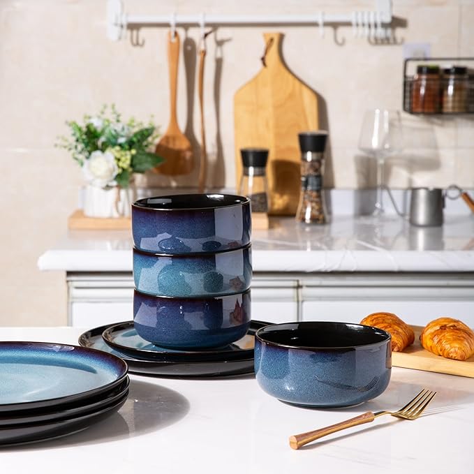 LeRatio Ceramic Dinnerware Sets for 6,Porcelain Plates and Bowls Sets,Handmade Reactive Glaze Dishes Set,Chip Resistant and Scratch Resistant | Oven&Dishwasher & Microwave Safe-Blue(18PCS)