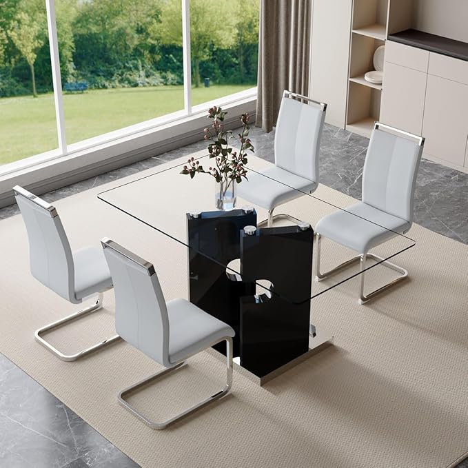 Glass Dining Table Set for 4,5 Piece Dining Table Set, Tempered Glass Table Top and Modern Design MDF Base with 4 PU Leather Ergonomic Dining Chairs