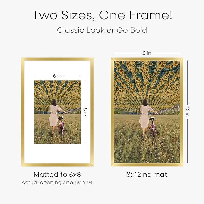 Homeforia 8x12 Picture Frame Gold, High End Metal 8 x 12 Poster Frames with Mat 6 by 8 for Photo, 12x8 Frame Matted to 6x8 inch Print, 8by12 Wall or Tabletop Frames, Tempered Glass, Wall Kit, Set of 2