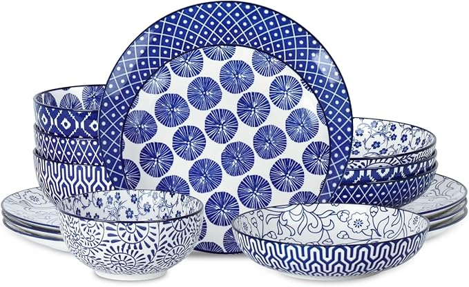 Selamica Ceramic Dinnerware Sets, 16 Pieces Dishes Set for 4, Highly Chip and Crack Resistant Plates and Bowls Sets, Dishwasher & Microwave Safe, Vintage Blue