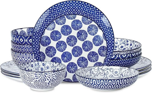 Selamica Ceramic Dinnerware Sets, 16 Pieces Dishes Set for 4, Highly Chip and Crack Resistant Plates and Bowls Sets, Dishwasher & Microwave Safe, Vintage Blue