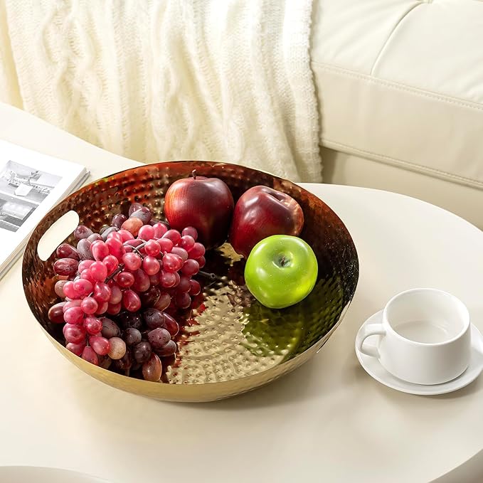 MyGift 14 Inch Deluxe Decorative Dish Tray Centerpiece Base, Brass Tone Plated Hammered Aluminum Fruit Bowl Serving Platter with Cutout Handles - Handcrafted in India
