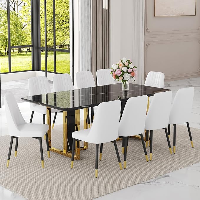 TesNus 79" Black Dining Table Set for 10 with Chairs,Large Faux Marble Kitchen Table and Chairs Set Rectangular 11 Piece Dining Room Set with Gold Metal Legs,Modern Design,Easy Assemble,Stable Base