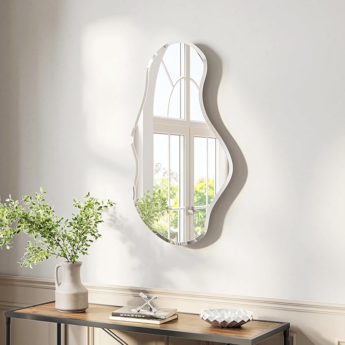USHOWER Irregular Wall Mirror 20"x36", Frameless Wavy Mirror with Beveled & Polished Edge, Wall Mirrors Decorative for Bathroom, Bedroom, Living Room, Entryway, Cloakroom Renovation