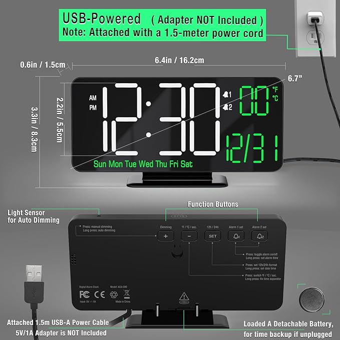 KOSUMOSU Digital Clock for Bedroom, 6.7in Black Alarm Clocks for Bedrooms,Auto Dimming, Date, Day of Week, Indoor Temperature,Digital Alarm Clock,Clocks for Living Room
