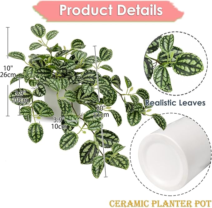 Fake Hanging Plants, 20 Inch Artificial Ivy Plant in Ceramic Pot Faux Watermelon Peperomia Trailing Vine Plant Potted for Home Bedroom Office Table Shef Desk Indoor Outdoor Decor Green