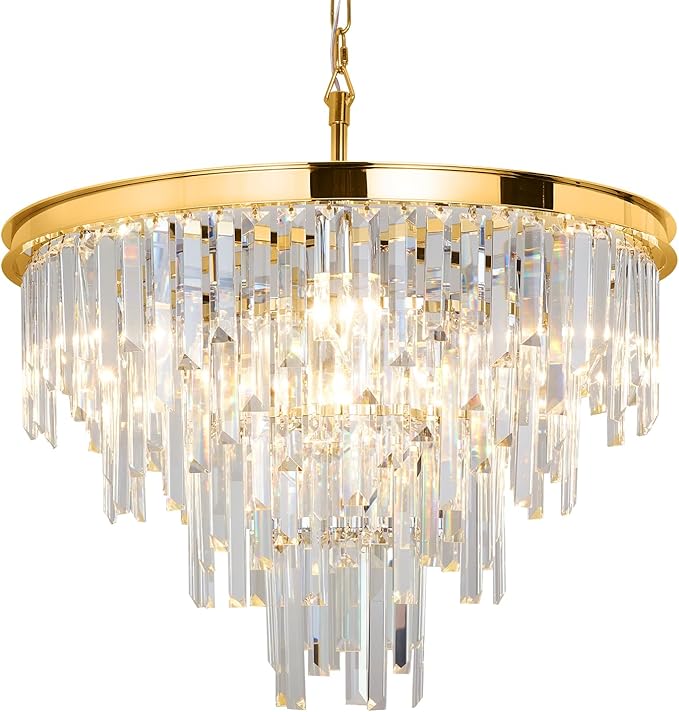 Gold Top K9 Crystal Chandelier Modern Lighting Fixture, 9 Lights Round K9 Crystal Adjustable Hanging Lamp for Dining Room Bedroom Living Room,Hallway,Bar,Kitchen W24''
