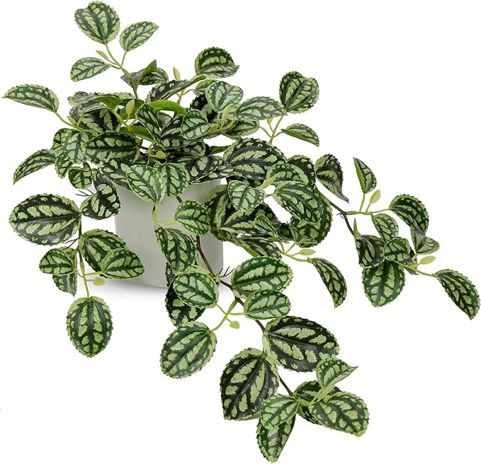 Fake Hanging Plants, 20 Inch Artificial Ivy Plant in Ceramic Pot Faux Watermelon Peperomia Trailing Vine Plant Potted for Home Bedroom Office Table Shef Desk Indoor Outdoor Decor Green