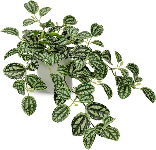 Fake Hanging Plants, 20 Inch Artificial Ivy Plant in Ceramic Pot Faux Watermelon Peperomia Trailing Vine Plant Potted for Home Bedroom Office Table Shef Desk Indoor Outdoor Decor Green