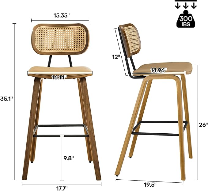 26" Counter Height Bar Stools Mid Century Modern Counter Stools, Wood Counter Stool with PU Leather Upholstered Bar Chair with Rattan Back, Counter Height Stools for Kitchen Island, Brown & Walnut