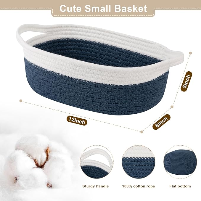 OIAHOMY Gift Basket Empty with Handle, 12"x 8"x 5" Small Woven Basket with Gift Bag, Ribbon and Wrap Tissue Paper, Dog Toy Storage for Organizing - Blue & White