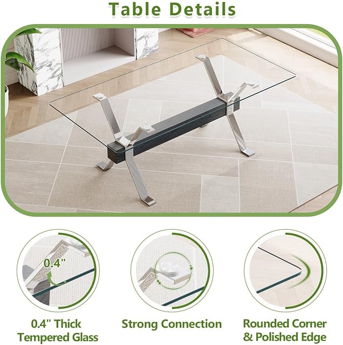 7 Piece Glass Dining Table Set, Kitchen Table Chairs Set for 6, 71'' Dining Table with 0.4" Tempered Glass Tabletop with Plated Metal Legs and MDF Crossbar, 6 PU Chairs for Dining Room, Kitchen.