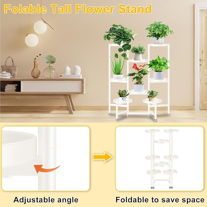 8 Tier Metal Plant Stand for Indoor Outdoor, Heavy Duty Flower Pot Stands for Multiple Plant, Anti-Rust Iron Plant Pot Shelf, Decoration Racks for Living Room Balcony Garden Patio (White)