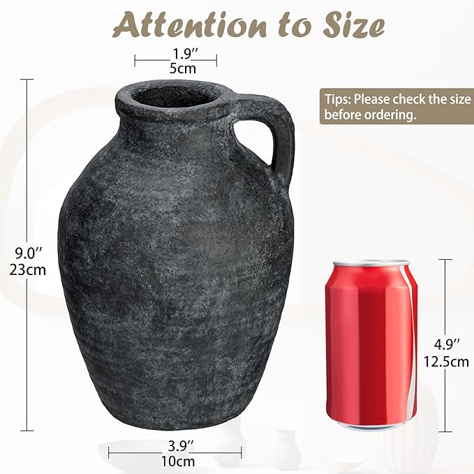 Ceramic Rustic Farmhouse Vase, 9 inch Ceramic Black Flower Vase for Centerpieces Pampas Grass Pottery Jug with Handle Boho Modern Rustic Farmhouse Decor for Living Room Kitchen Dinner Table Shelves