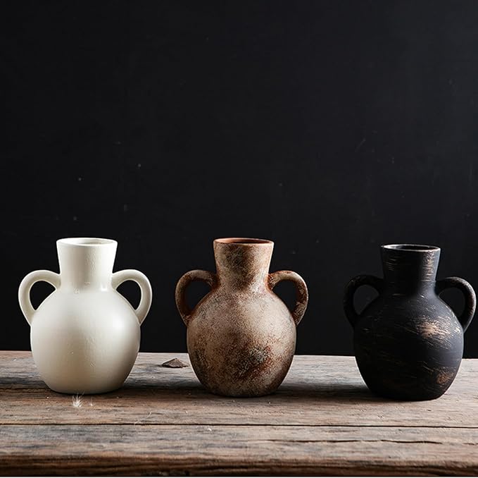 Ceramic Flower Vase,7.3 inch Tall Farmhouse Rustic Vase, Handcrafted Weathered Pottery Vases, Small Flower Terracotta Vases for Home Decor, Living Room Farmhouse Table Shelf Entrance(Black)