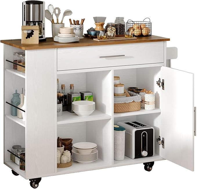 4 EVER WINNER Kitchen Island cart with Storage on Wheels, Kitchen Island with Storage Cabinet, Spice Rack & Towel Rack & Drawer, Kitchen Island Cart with Open Shelves for Dining Room,White