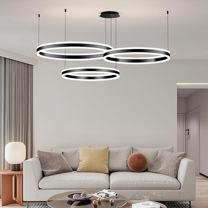 Modern Pendant Light Fixture, 3-Ring Circular Black Dining Room Chandelier, Dimmable 3000K-6500K, LED Hanging Ceiling Light Over Table for Kitchen Island, Living Room, Foyer, Office