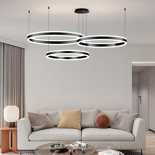 Modern Pendant Light Fixture, 3-Ring Circular Black Dining Room Chandelier, Dimmable 3000K-6500K, LED Hanging Ceiling Light Over Table for Kitchen Island, Living Room, Foyer, Office