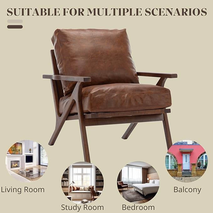 Wahson Brown Leather Mid-Century Modern Accent Chair and Ottoman Set, Retro Upholstered Armchair with Wood Frame and Removable PU Cushions, Large Leisure Slipper Chair for Living Room/Bedroom