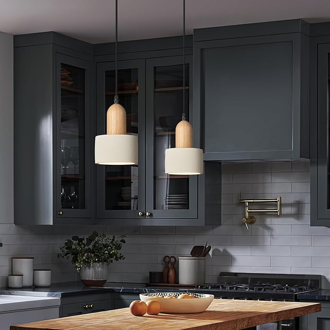 Modern Cement Pendant Lights White Chandelier Wooden Ceiling Lights for Bedroom Dining Room Living Room Kitchen Island bar（3 Pack）