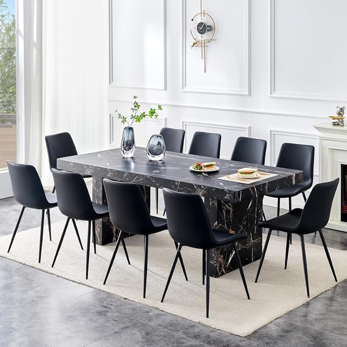 79" Marble Dining Table Set｜Modern Dining Table Set with 10 Faux Leather Chairs｜Engineered Wood with Marble Pattern Tabletop｜Widened and Stable Tablelegs｜Easy Assembly