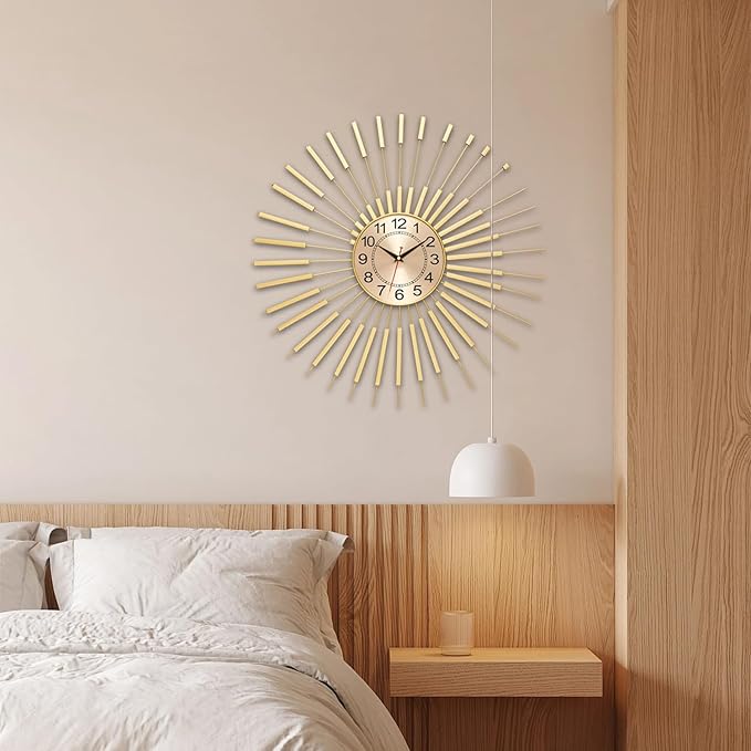Wall Clock Large 23 Inch - Starburst Sunburst Round Gold, Modern Non-Ticking Battery Operated Silent Decorative Clock for Living Room Bedroom Kitchen Office