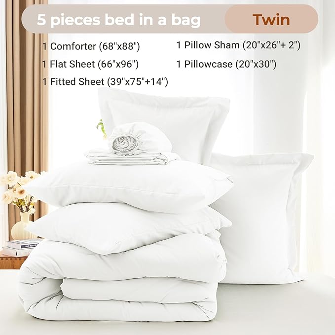 MUXHOMO 5 Pieces Twin Comforter Set, Soft Bed in a Bag Twin Size, All Season Bedding Set with Comforter, Flat Sheet, Fitted Sheet, Pillowcases & Shams, White